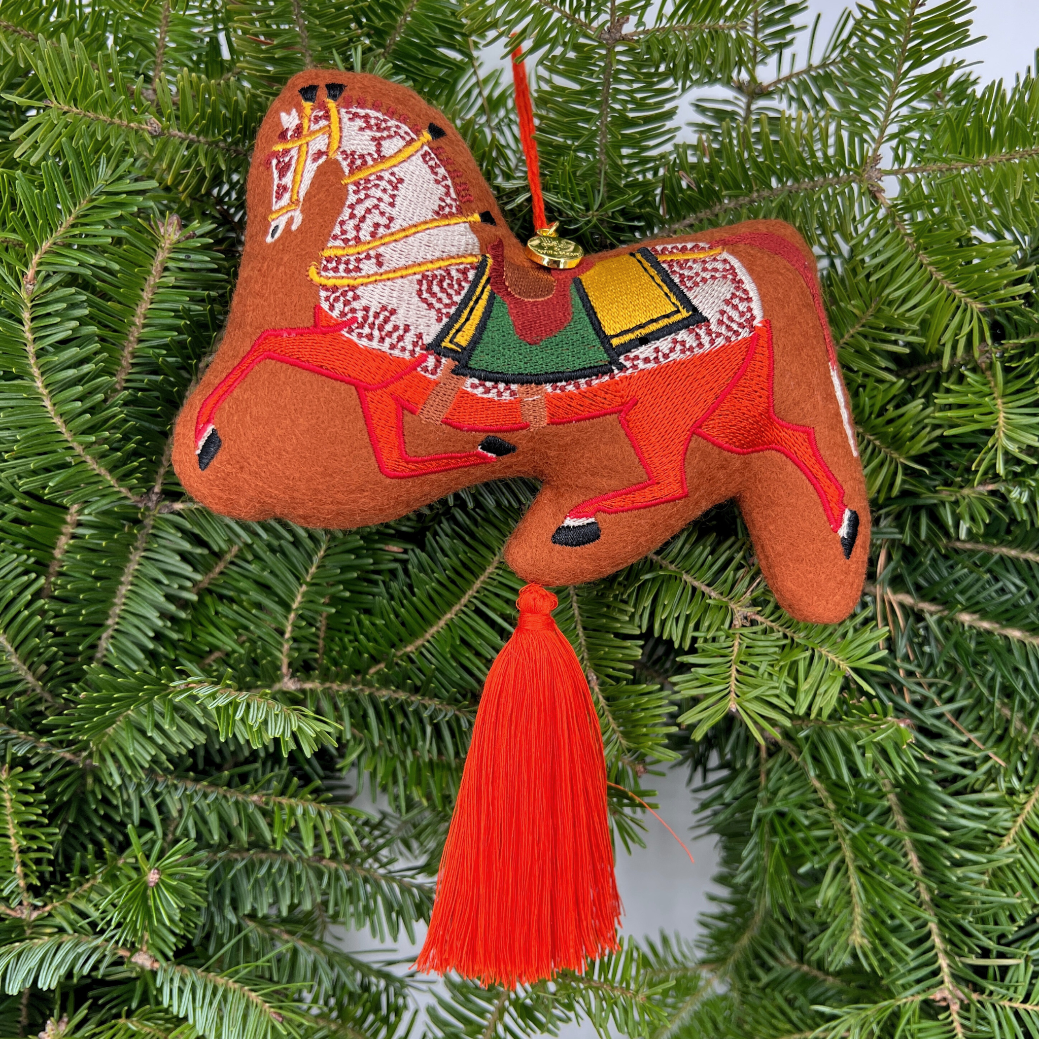 Chinoiserie Horse Embroidered Wool Ornament - Willa Heart Collection