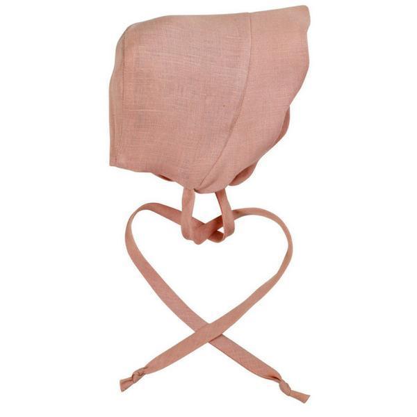 Shell pink linen scallop bonnet with adjustable ties, designed for sun protection and comfort