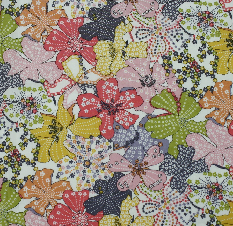 floral pattern of green, orange, pink, yellow.