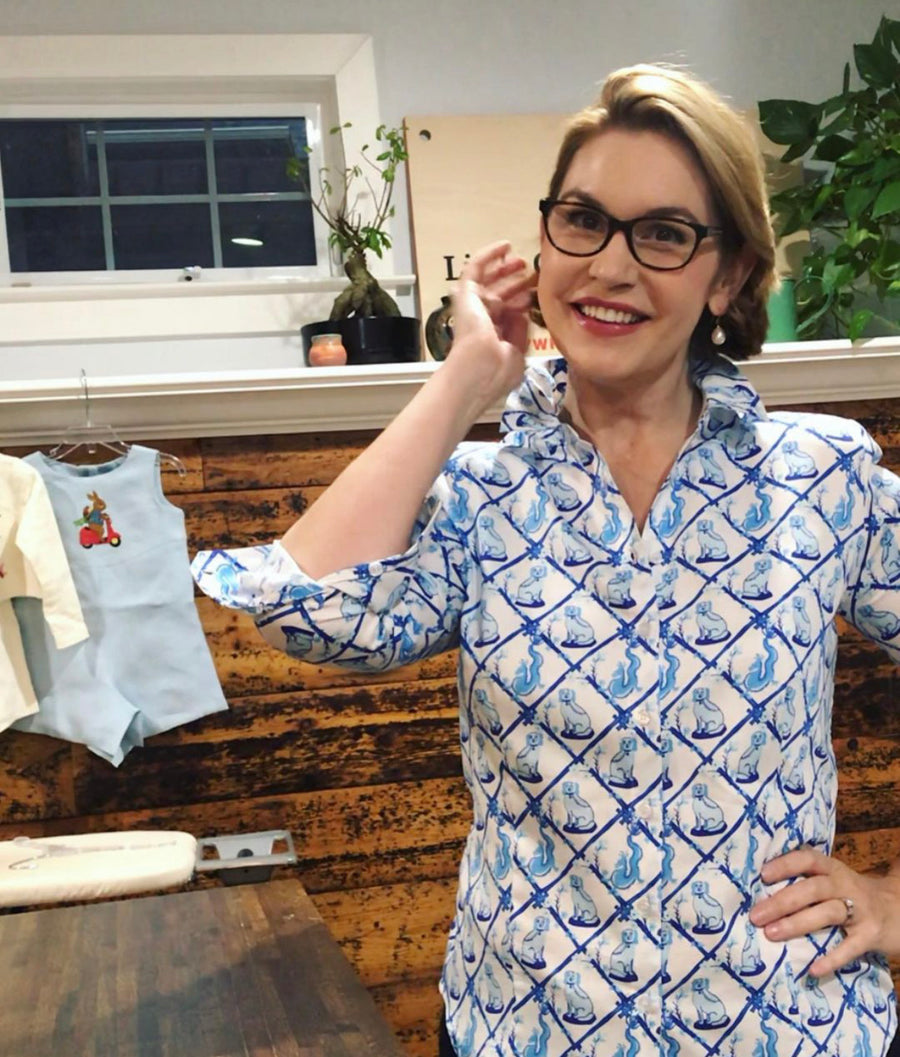 Ladies Classic Shirt in Willa Heart Blue and White Dog Print