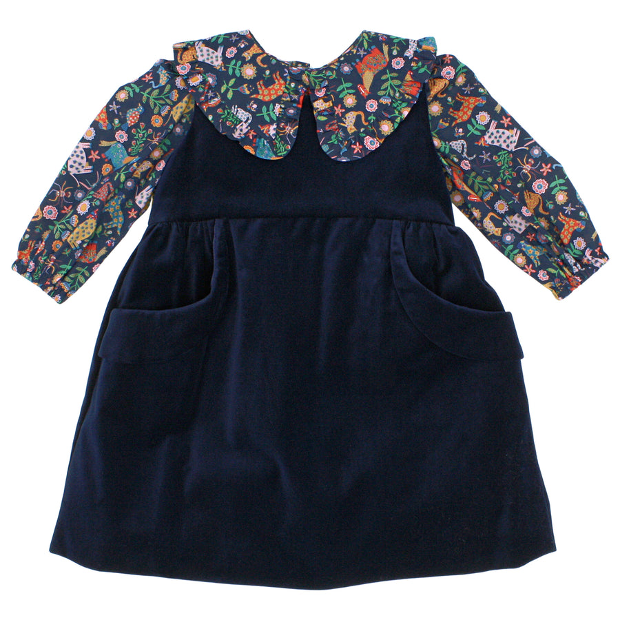 Girls Navy Blue Velveteen Dress with Folk Tails Blue Liberty London Blouse