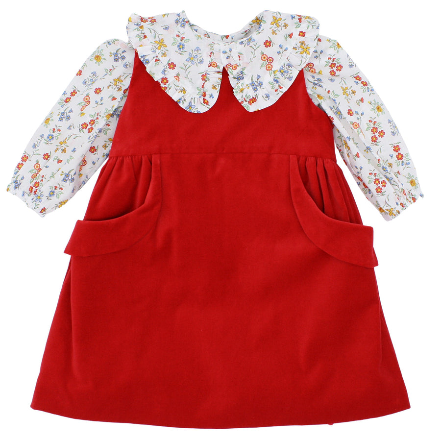 Girls Red Velveteen dress with floral Liberty London Blouse