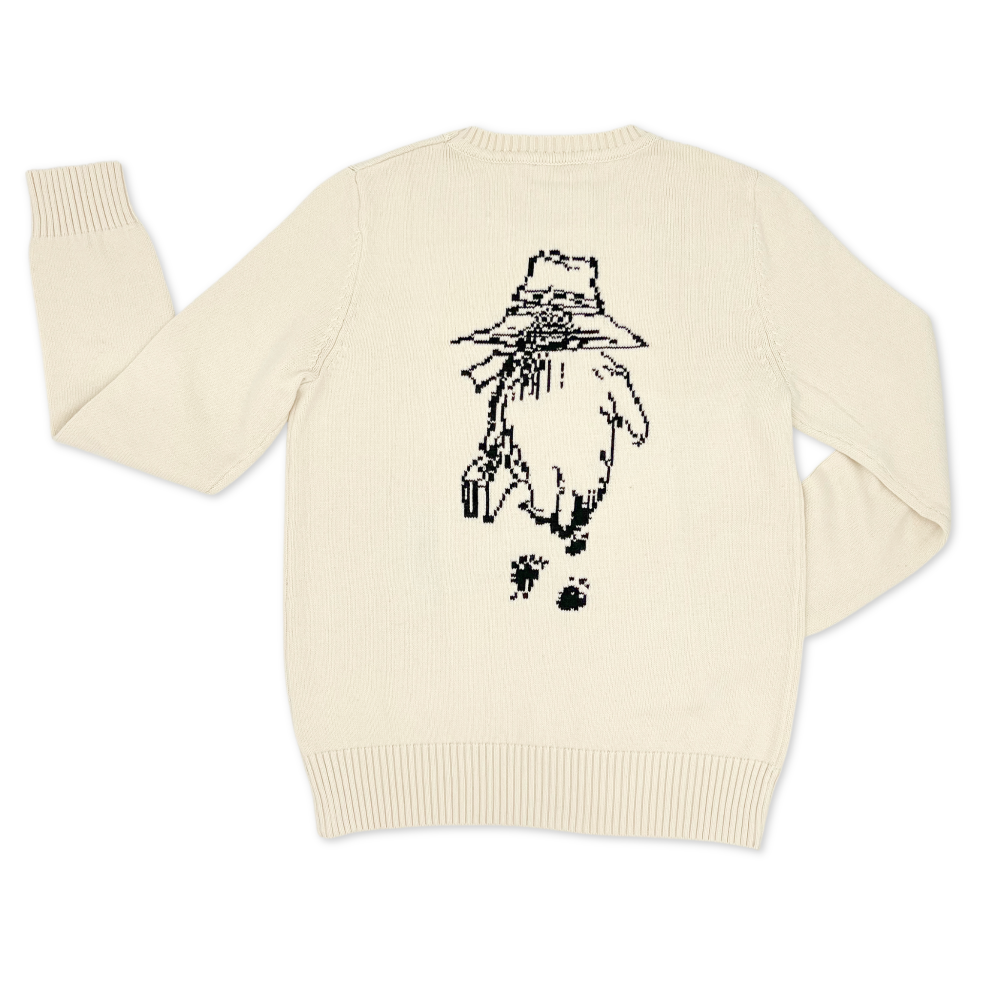 Back of the Adult Sweater, featuring a black line illustration of Paddington Bear walking. Soft, 100% cotton, unisex knit's sweater