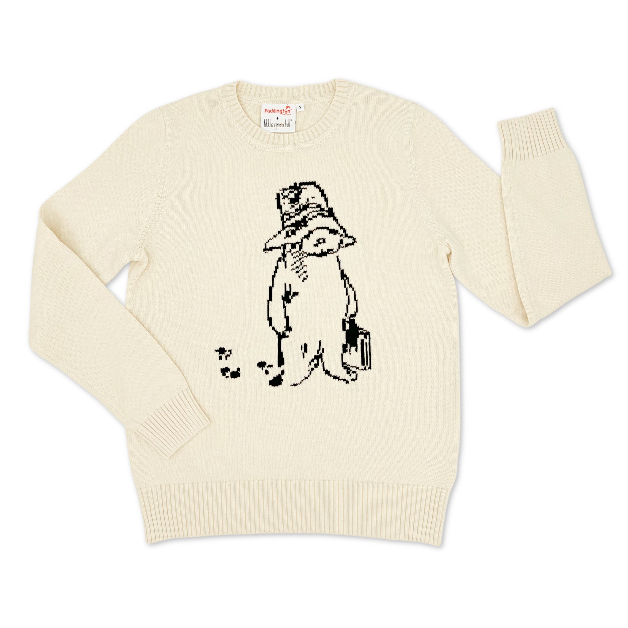 Adult Sweater in ivory, featuring a black line illustration of Paddington Bear. 100% cotton, unisex, soft, and machine washable