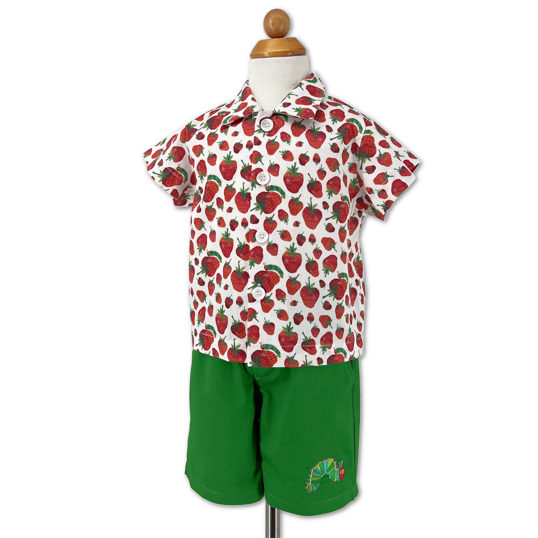 kids short-sleeve strawberry button-up shirt with coordinating green shorts, inspired by The Very Hungry Caterpillar