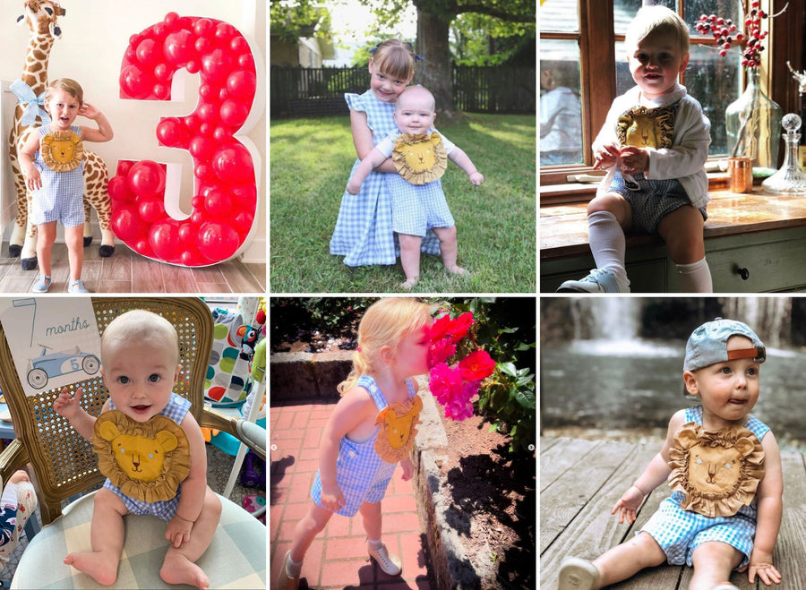 Collage of six cute babies and toddlers in a blue gingham lion romper, ideal for birthdays, sibling outfits, outdoor play, and milestone celebrations