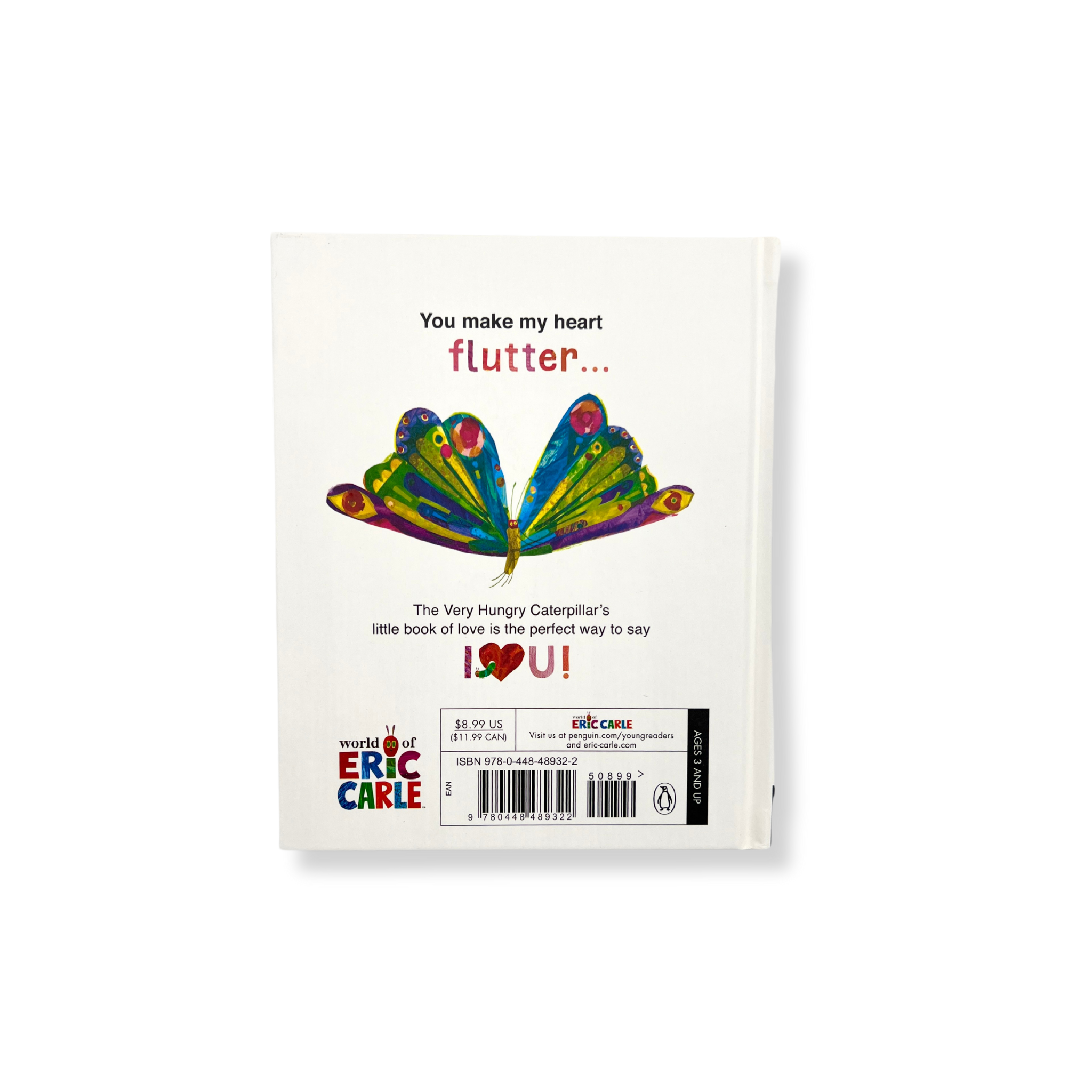 Back cover of Love From The Very Hungry Caterpillar book featuring a butterfly and the words 'You make my heart flutter'
