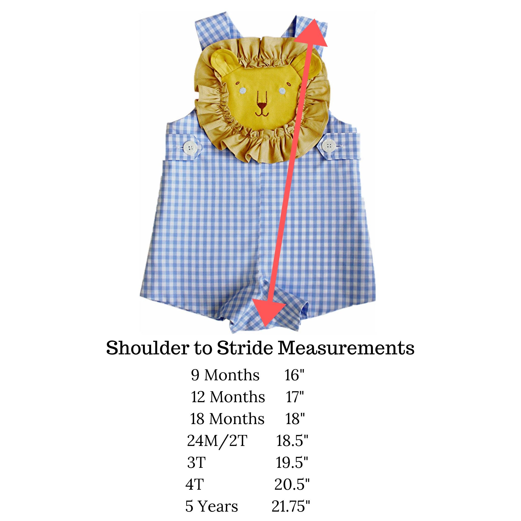 Blue gingham lion romper with shoulder-to-stride measurement chart for baby and toddler sizes. Features lion face appliqué with ruffled mane.