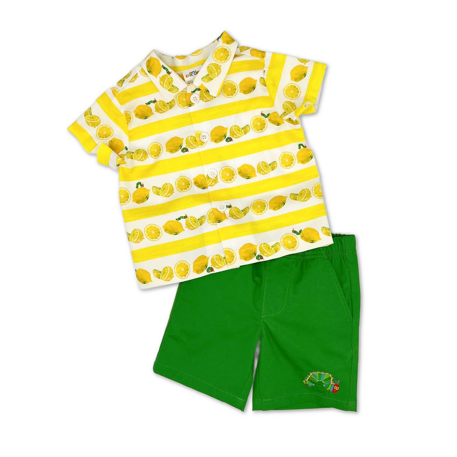 Toddler and kids outfit with green shorts featuring a Hungry Caterpillar embroidery and short-sleeve button-up shirt with yellow and white stripes and lemon prints.