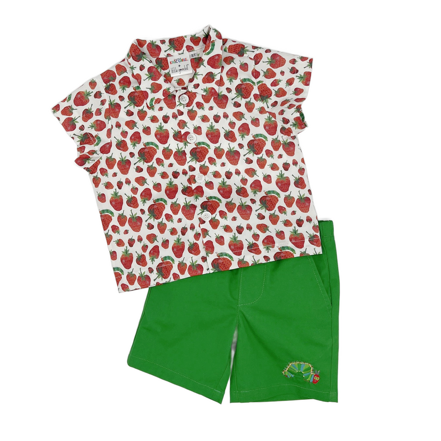 toddler and kids outfit featuring green shorts with an embroidered Hungry Caterpillar, a short-sleeve button-up shirt covered in a vibrant red strawberry print
