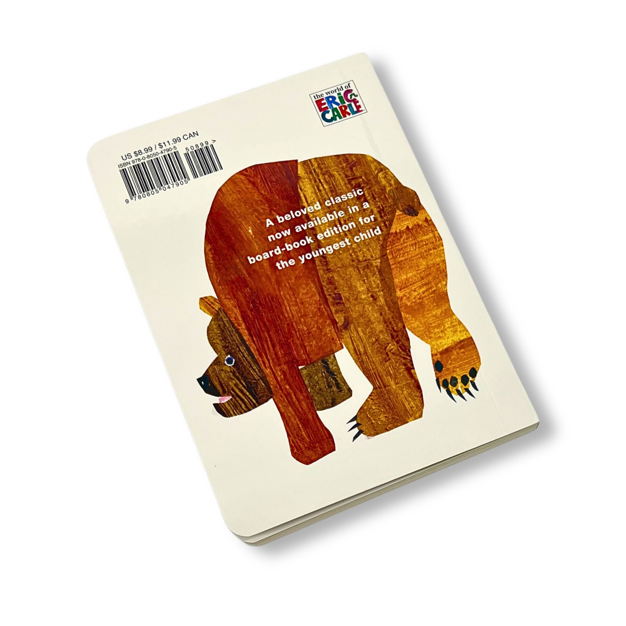 Back cover of the Brown Bear board book featuring Eric Carle's illustration and a description of the classic children's story.