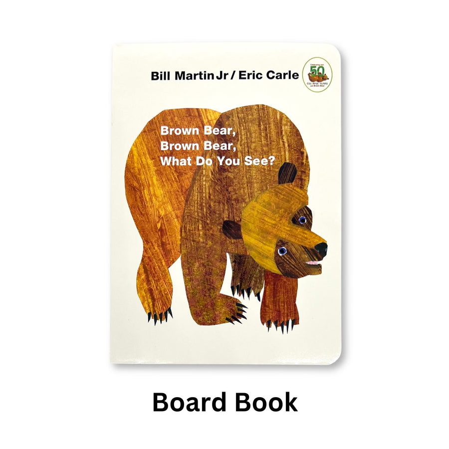 Cover of Brown Bear, Brown Bear, What Do You See? board book with Eric Carle’s iconic collage illustration, designed for toddlers and early learning.