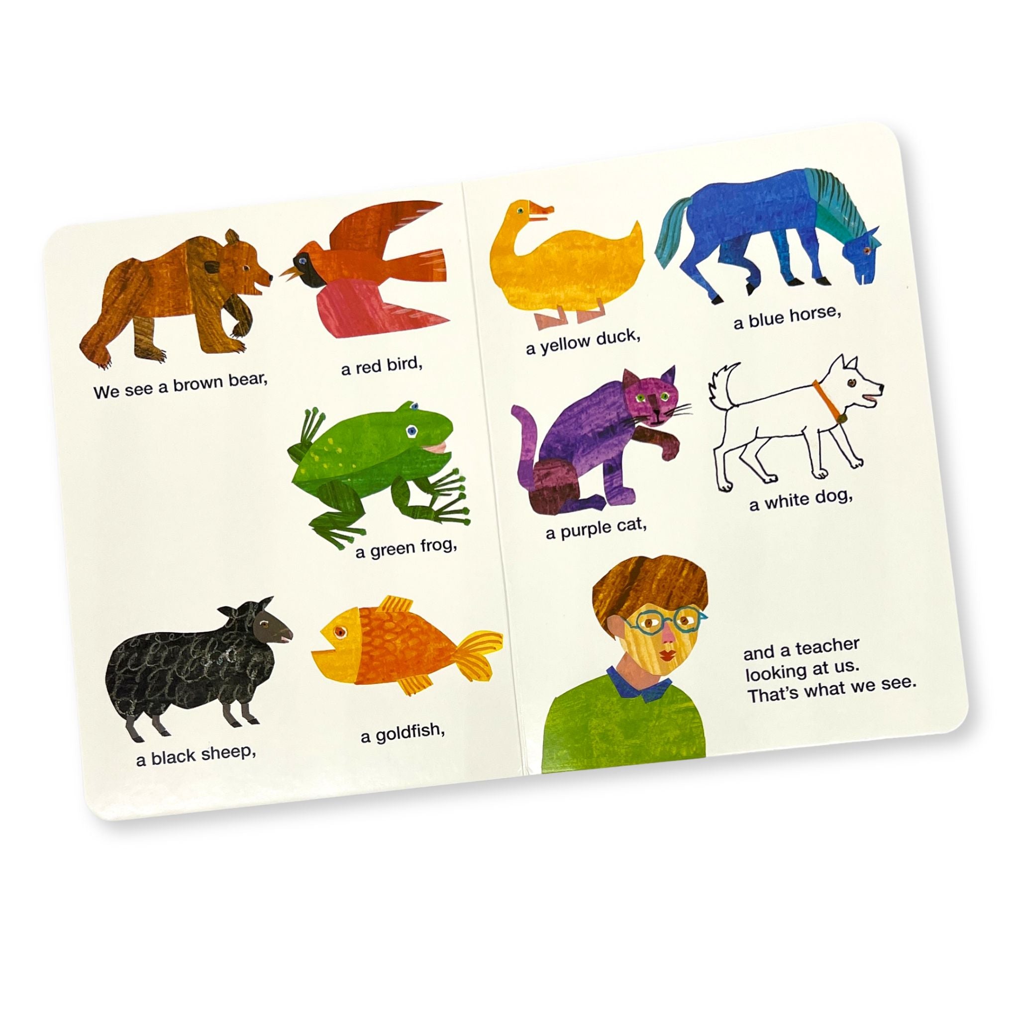 Open Brown Bear board book showing colorful animal illustrations and text from the classic Eric Carle story.