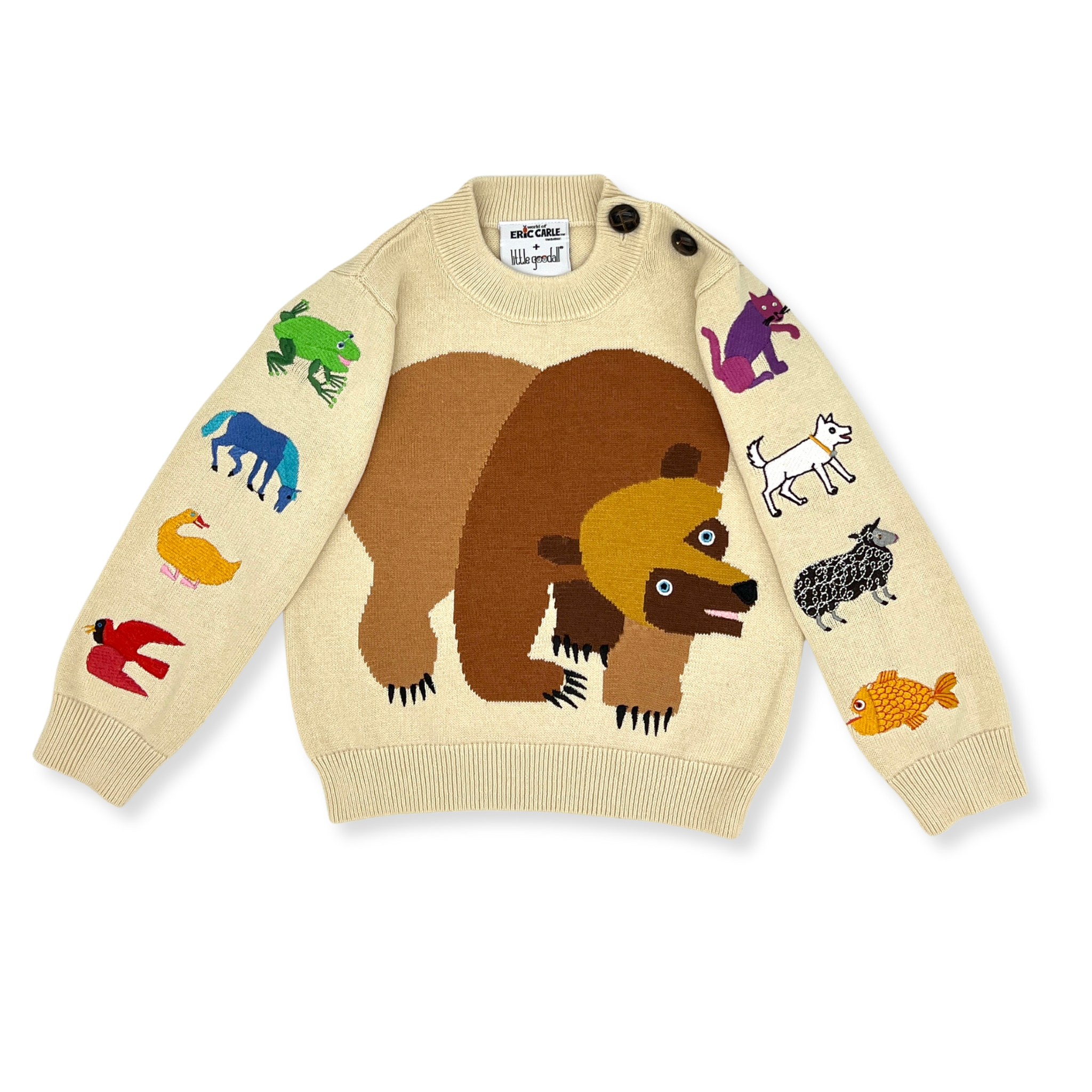 Knit cotton Brown Bear sweater with an embroidered animal design on the sleeves, inspired by Eric Carle’s classic children’s book.