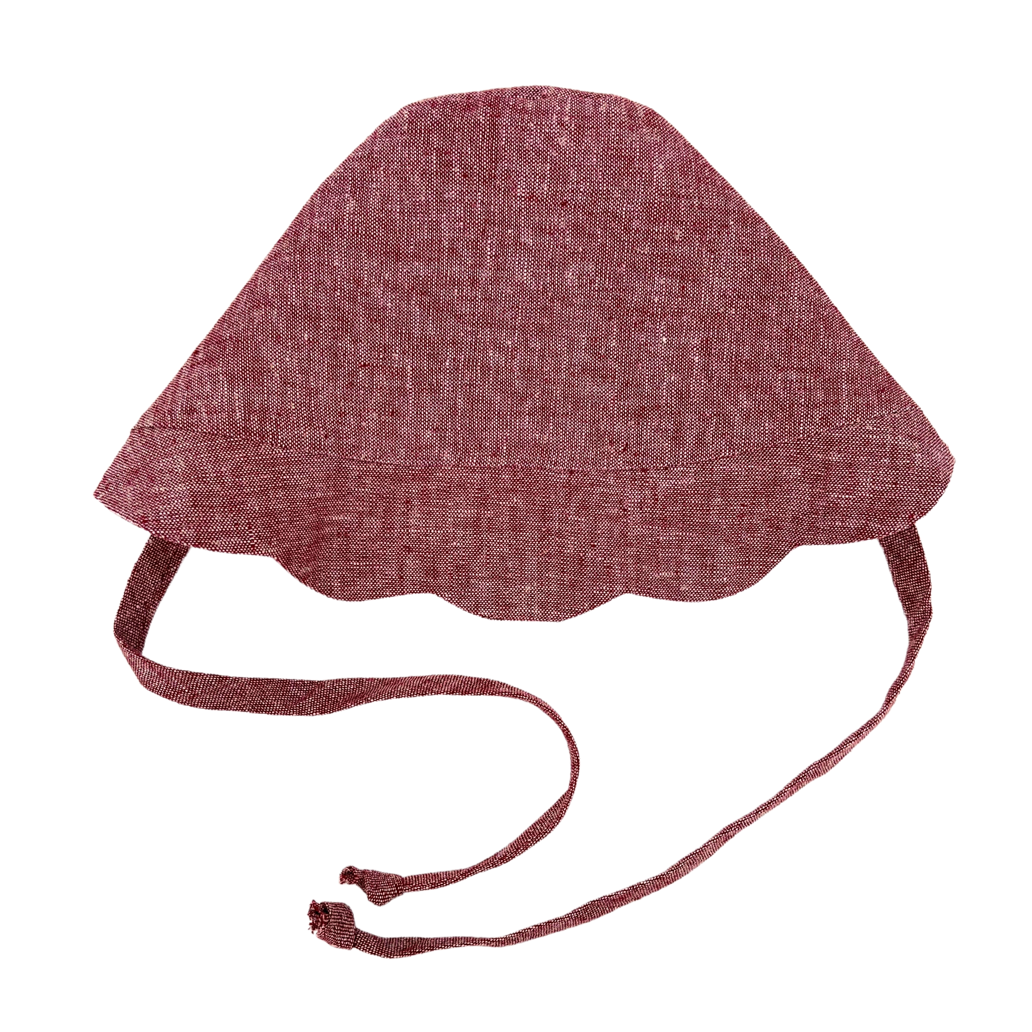 Scallop Bonnet in Cape Cod Red with scalloped edges and long ties, woven for baby's comfort and secure fit.