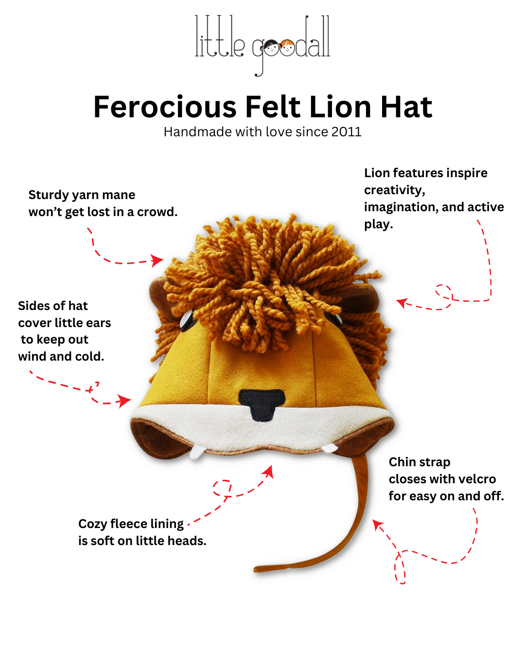Ferocious Felt Lion Hat with yarn mane, fleece lining, ear coverage, and velcro chin strap for warmth