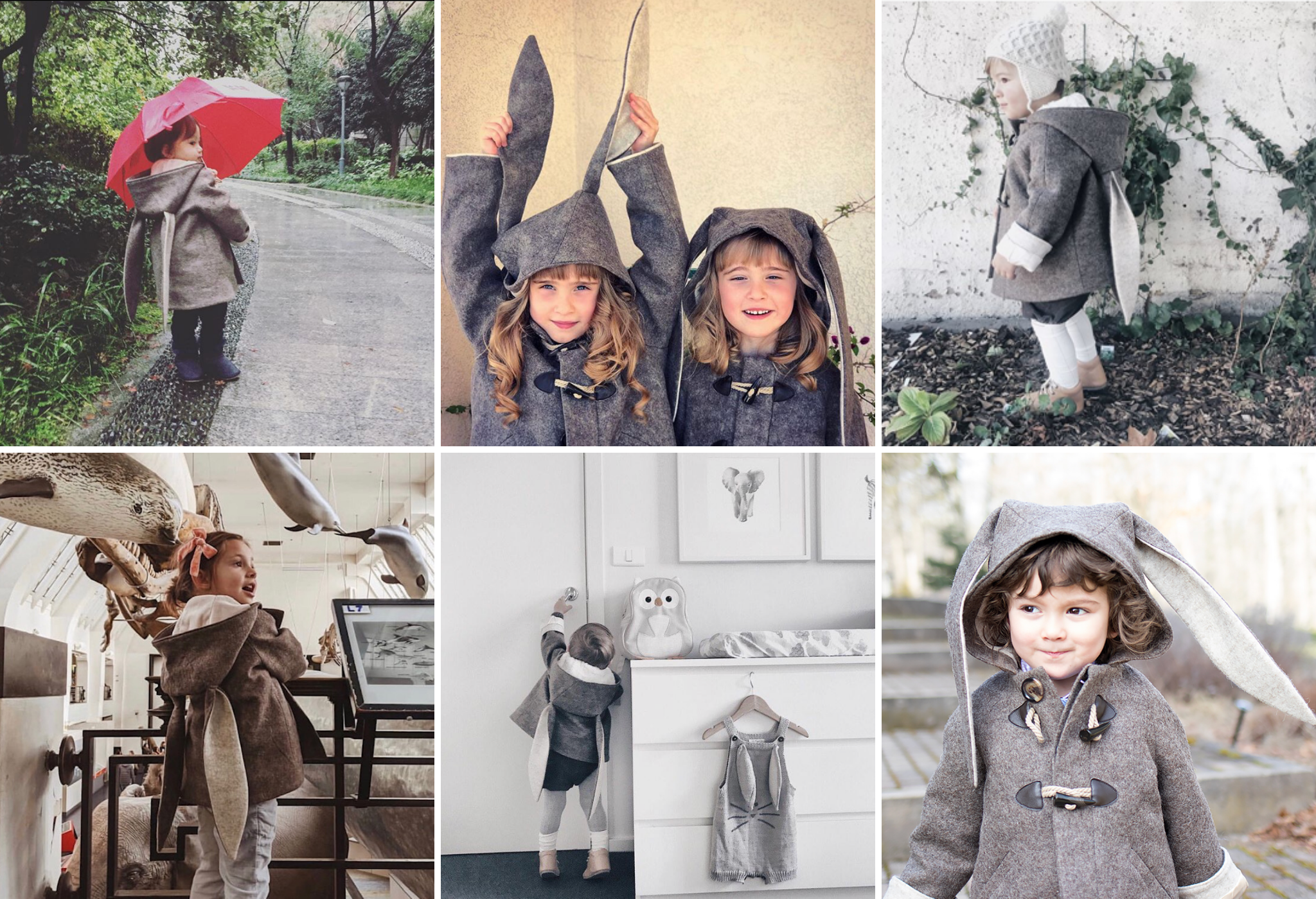 Collage of children wearing the Little Goodall Flopsy Bunny coat, showcasing wool fabric, bunny ear hood, and cozy design in various outdoor settings
