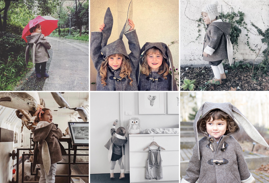Collage of children wearing the Little Goodall Flopsy Bunny coat, showcasing wool fabric, bunny ear hood, and cozy design in various outdoor settings
