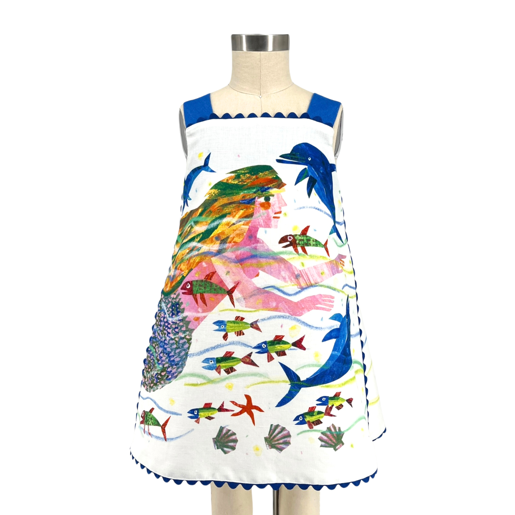 Front view of girls’ mermaid dress with colorful underwater scene by Eric Carle and ocean-blue shoulder straps.