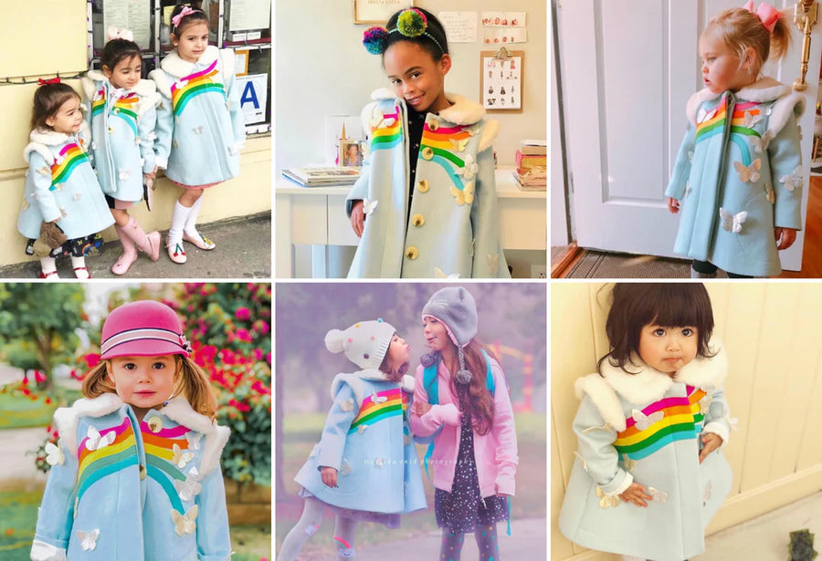 Collage of young girls wearing a sky blue wool coat with rainbow and butterfly details, styled in various settings.