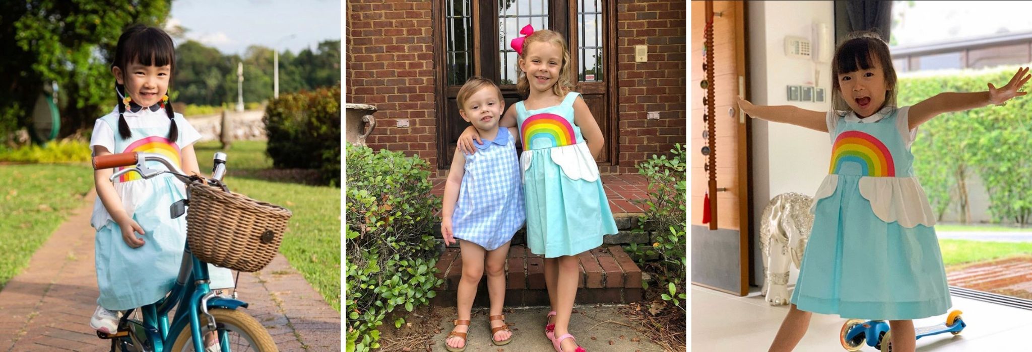 Collage of girls wearing the Over the Rainbow Sundress in sky blue, styled outdoors and indoors, showcasing its playful and colorful design.