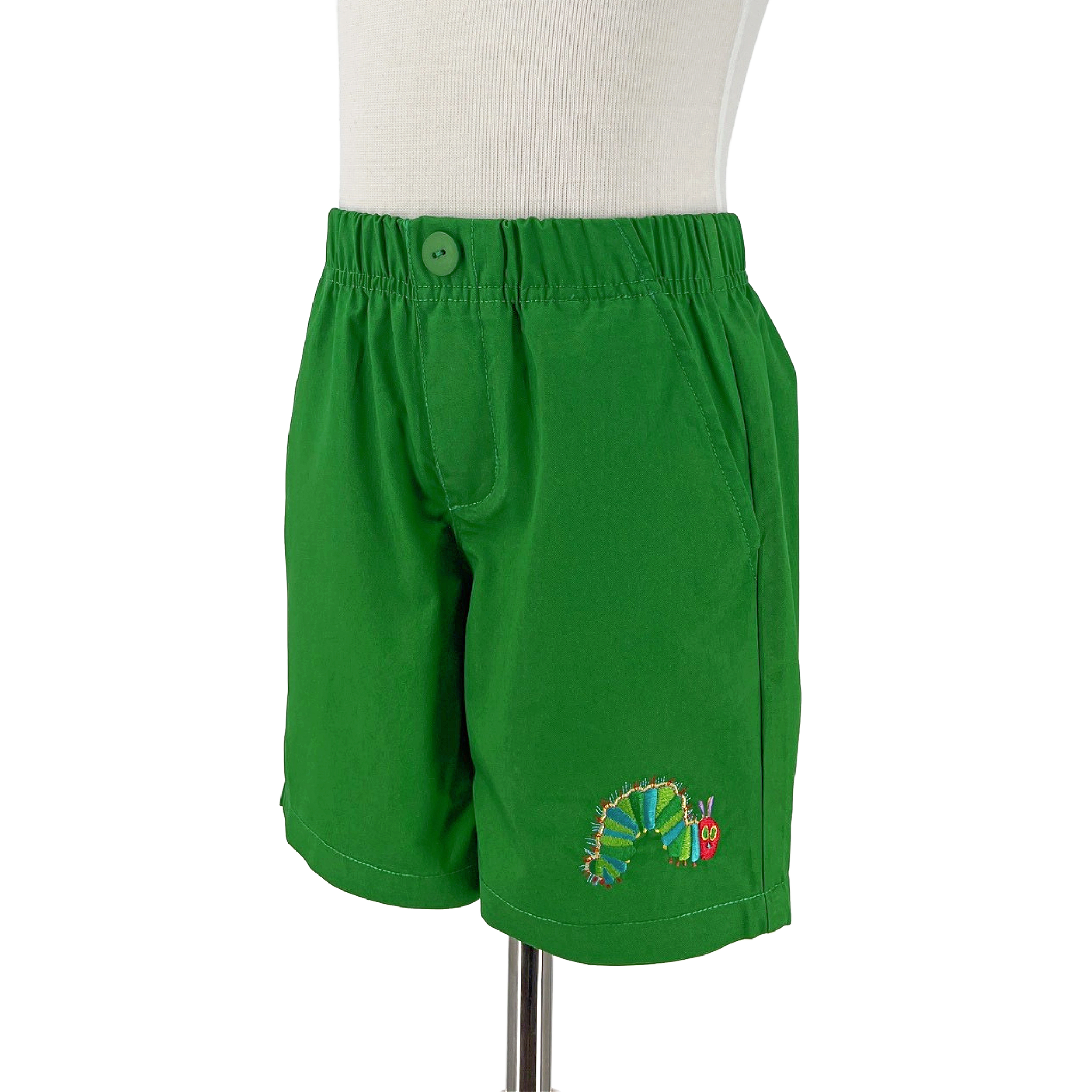Green cotton boys shorts with an embroidered Very Hungry Caterpillar, elastic waistband, and pockets