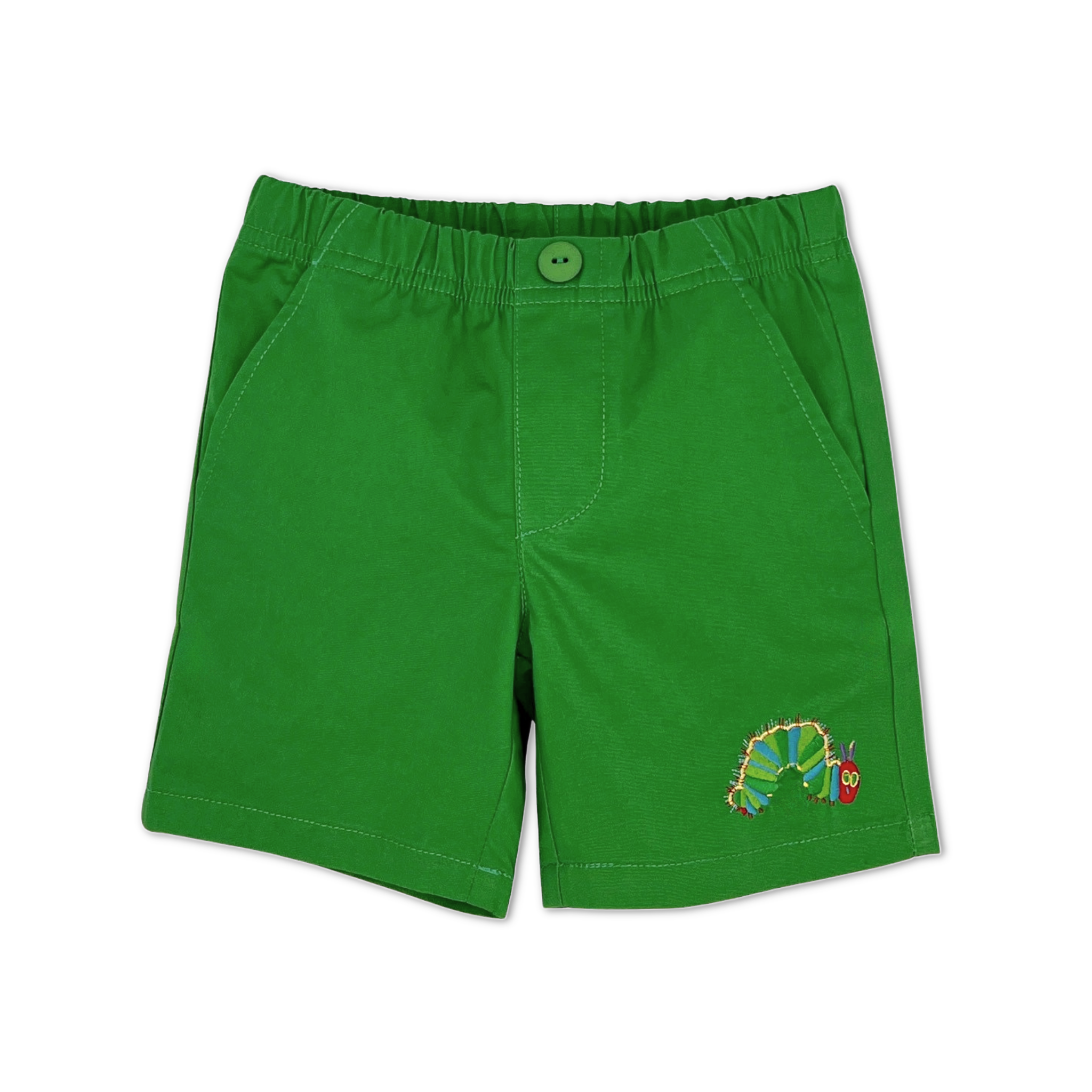Front view of green cotton toddler and kids' shorts with an embroidered Very Hungry Caterpillar and an elastic waistband for comfort