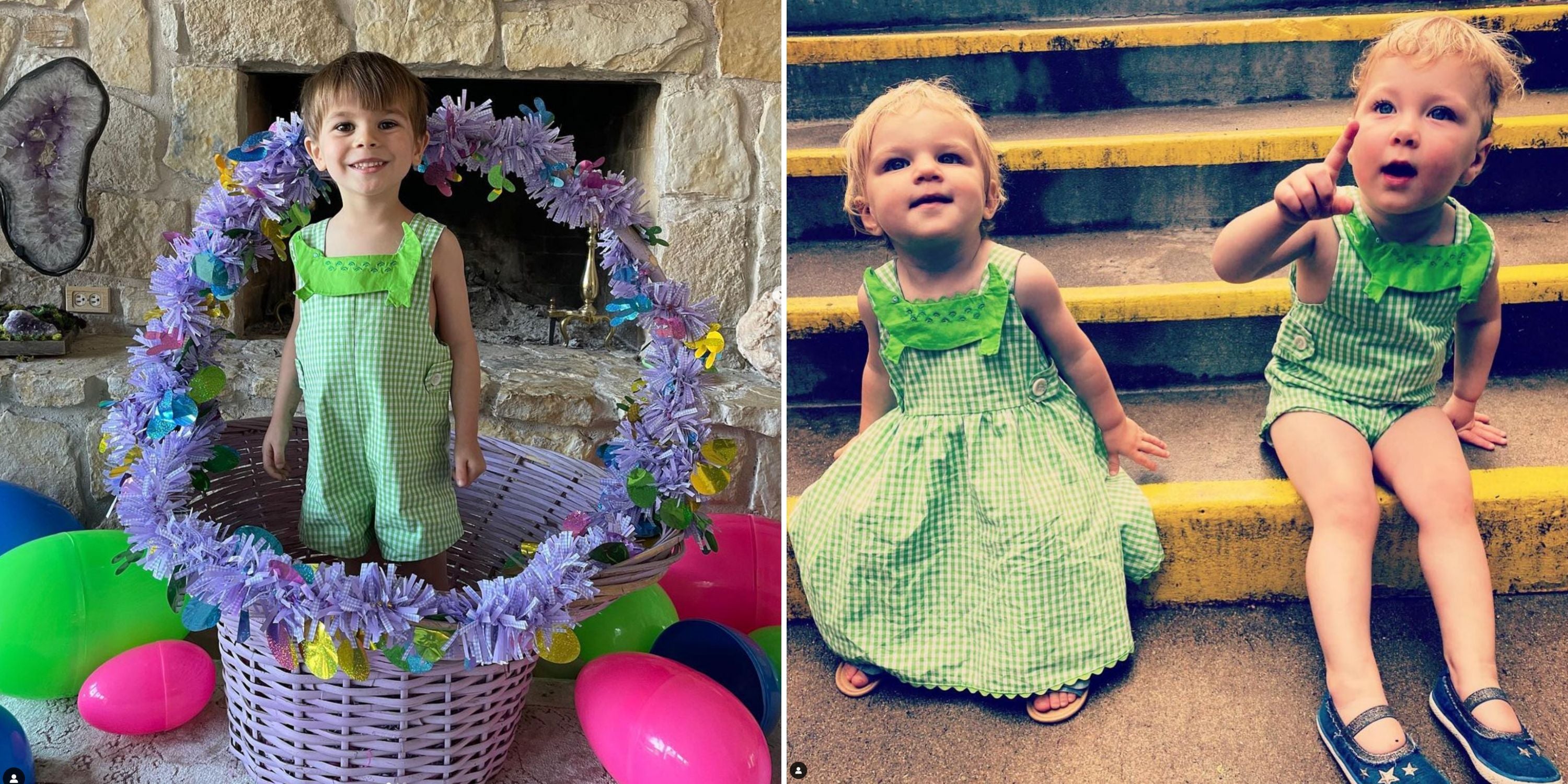 Toddlers in Little Goodall Green Gingham Alligator Romper and matching dress, a cute sibling outfit for spring and summer adventures