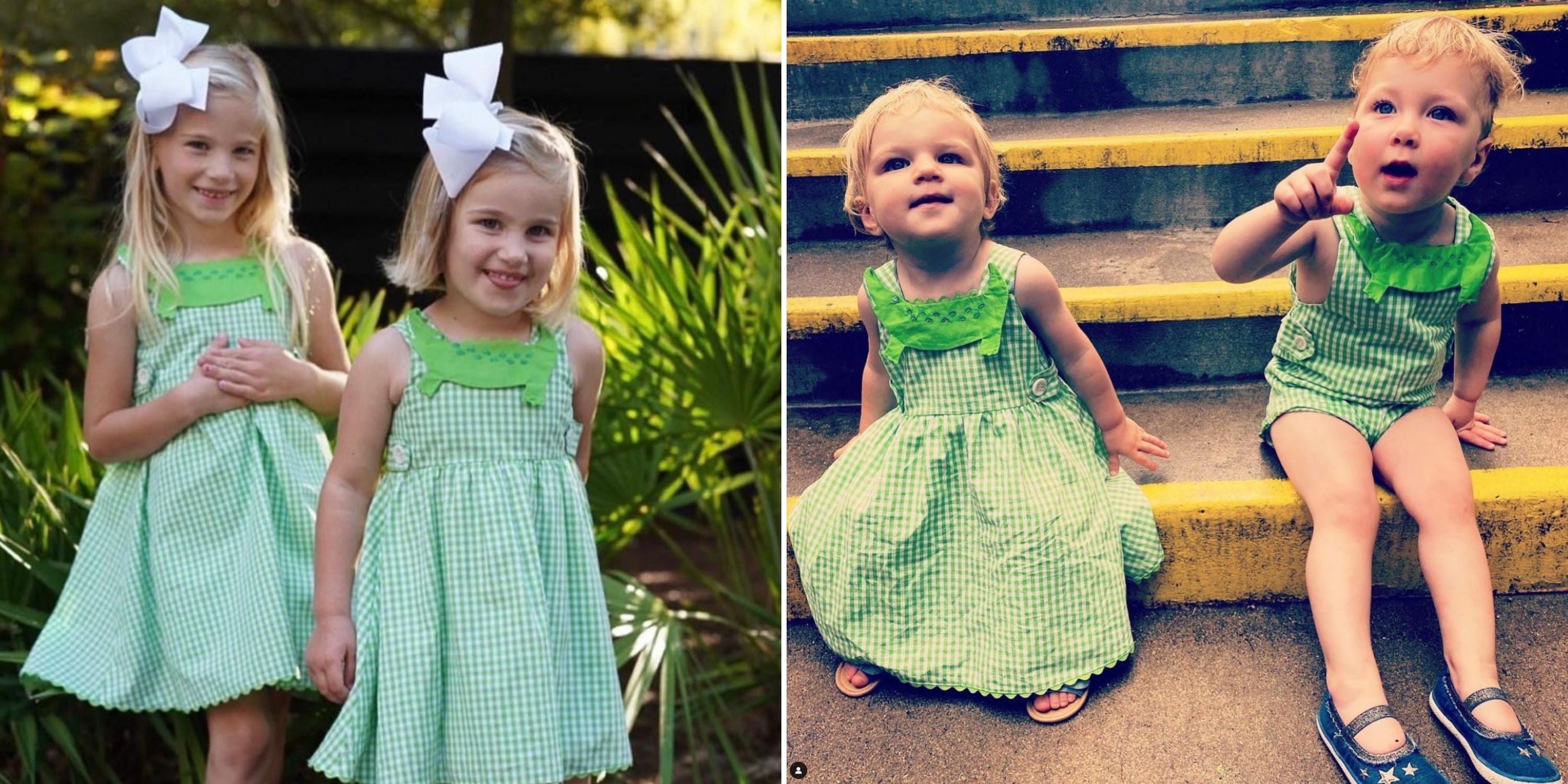 Children wearing green gingham alligator sundresses and a matching romper outdoors, showcasing the playful and coordinated sibling outfits.