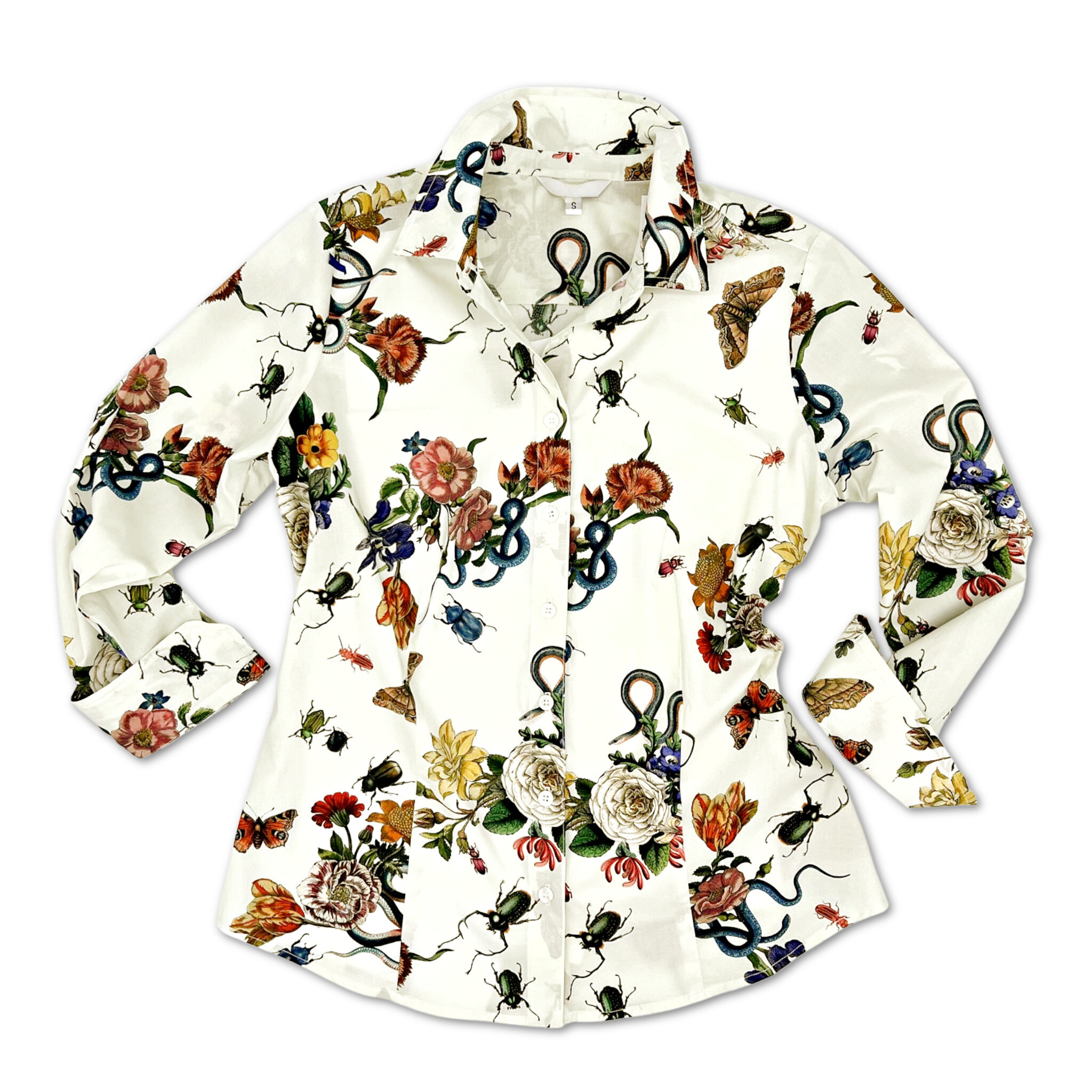 Ivory Grand Botanical Ladies Shirt with a vibrant floral, butterfly, and beetle print on 100% cotton sateen, featuring long sleeves, a classic collar, and a tailored fit