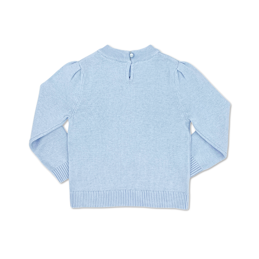 Back view of Kids Willa Heart Sweater in light blue, showing pearl button closure at neck and ribbed hem
