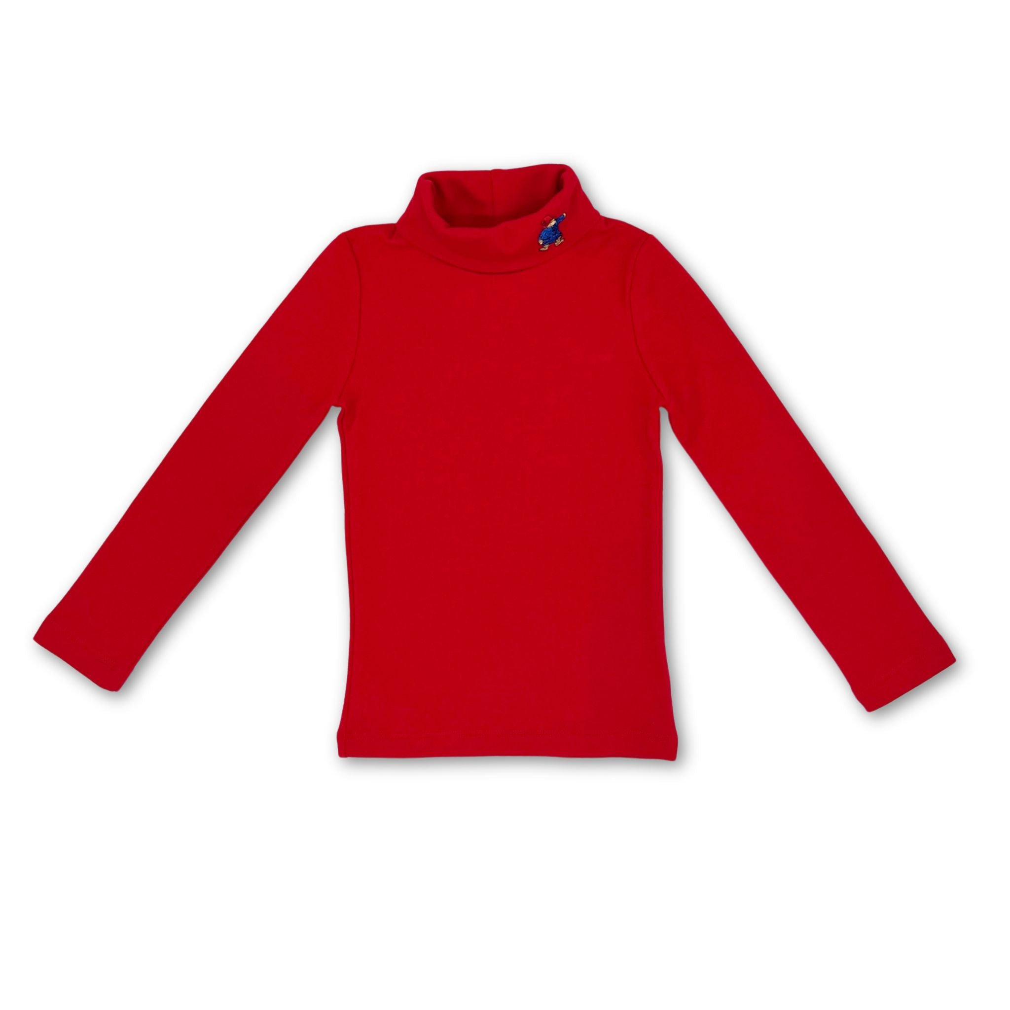  organic cotton red turtleneck for kids with an embroidered Paddington Bear on the collar. Soft, breathable, and perfect for layering in cold weather