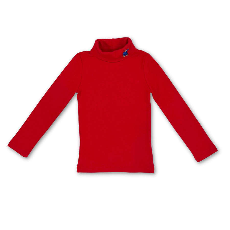 Little Goodall organic cotton red turtleneck for kids with an embroidered Paddington Bear on the collar. Soft, breathable, and perfect for layering in cold weather