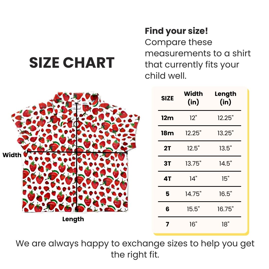 Size chart for kids' strawberry print button-up shirt from The Very Hungry Caterpillar™ collection, with width and length measurements by size