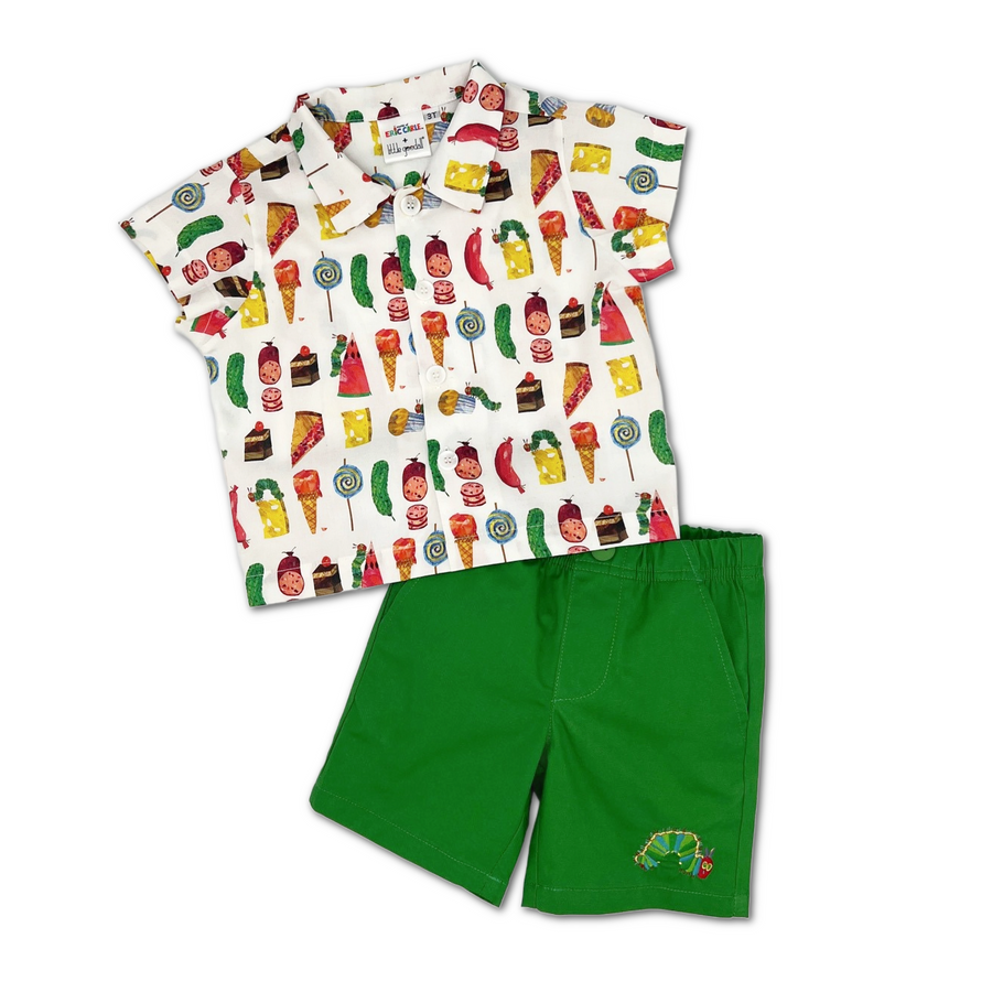 Toddler and kids outfit featuring green shorts with embroidered Hungry Caterpillar and a short-sleeve button-up shirt with colorful food illustrations