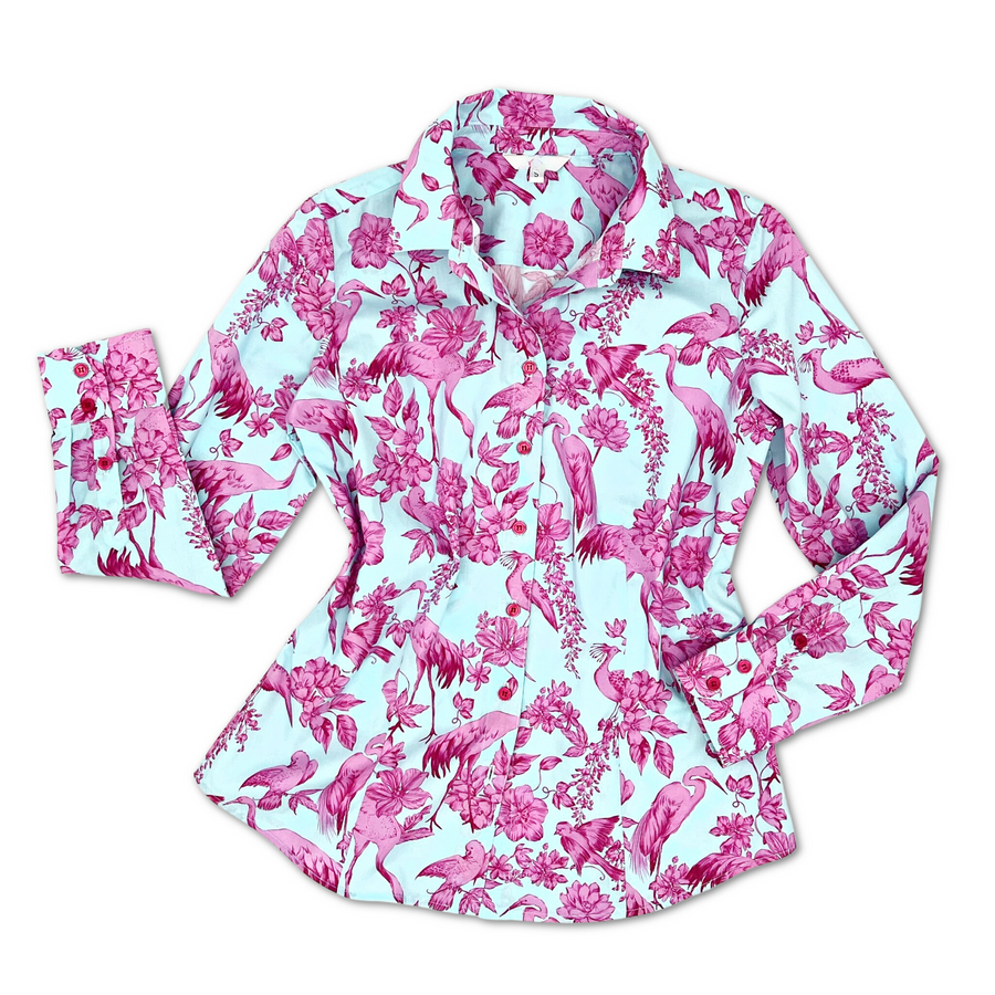 Ladies Aviary Toile Classic Shirt in pink and blue with floral and bird print, made from 100% cotton sateen.