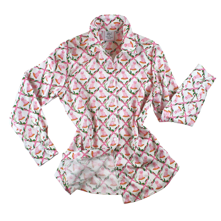 Ladies classic button-down shirt in Willa Heart pink dog print, 100% cotton sateen, long sleeves, button cuffs, and tailored fit
