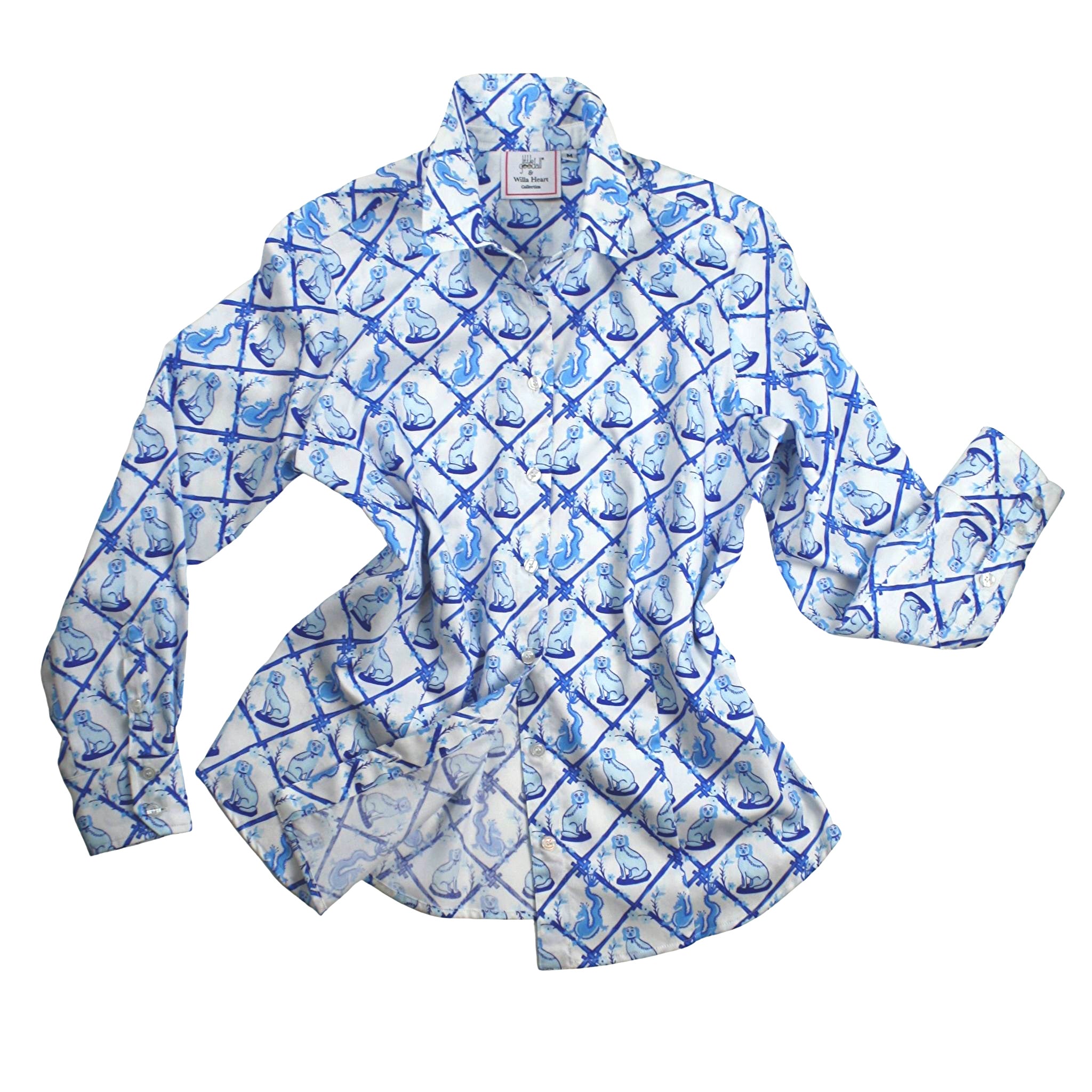 Ladies classic button-down shirt in blue & white Willa Heart dog print, made from 100% cotton sateen with long sleeves, a tailored fit, & a curved hem