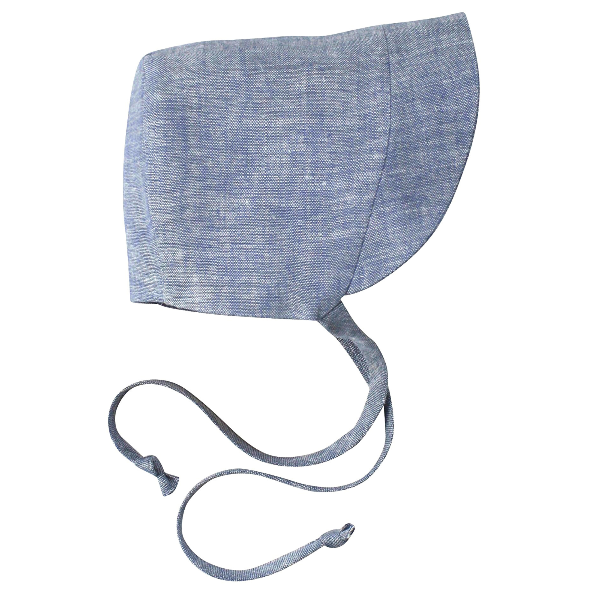 Light blue linen wide brim sun bonnet with chin ties, side view.