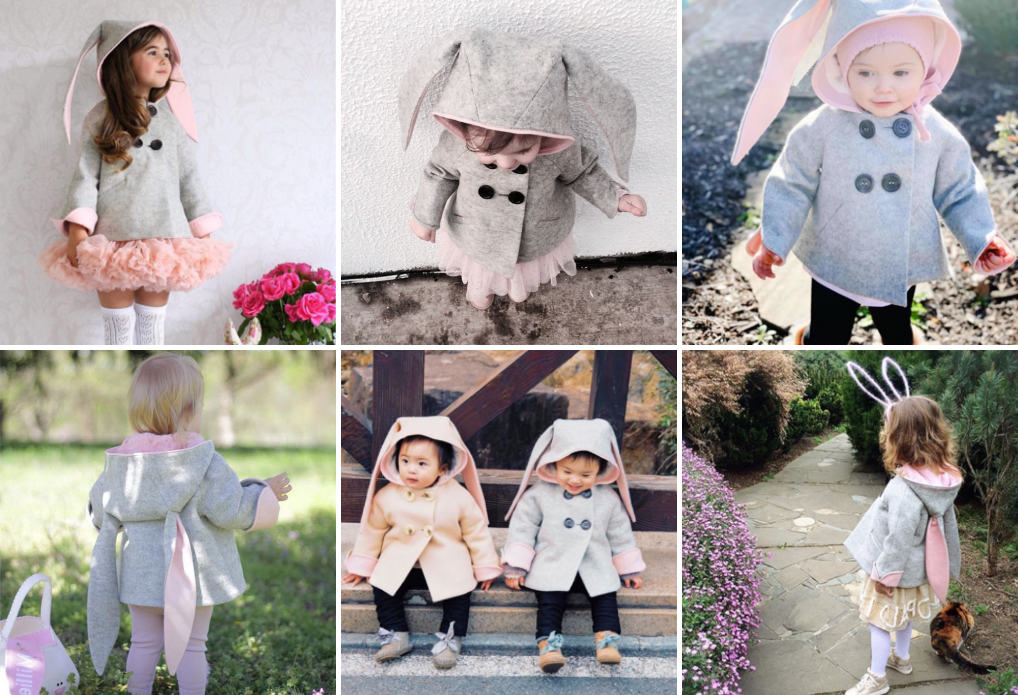 Collage of kids wearing the grey bunny coat with floppy ears, pink-lined cuffs, and a cozy hood. Features double-breasted buttons and welt pockets.