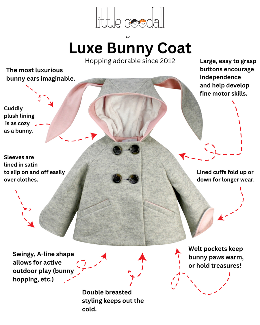 Luxe Bunny Coat in Grey & Pink with hood and long bunny ears.-pink-lined cuffs, satin-lined sleeves, and double-breasted button
