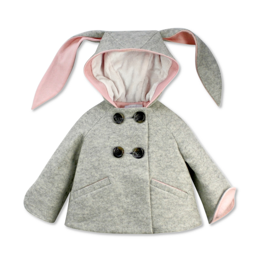 Luxe Bunny Coat in grey and pink by Little Goodall, featuring long bunny ears, a cozy faux fur lining, and a double-breasted front.