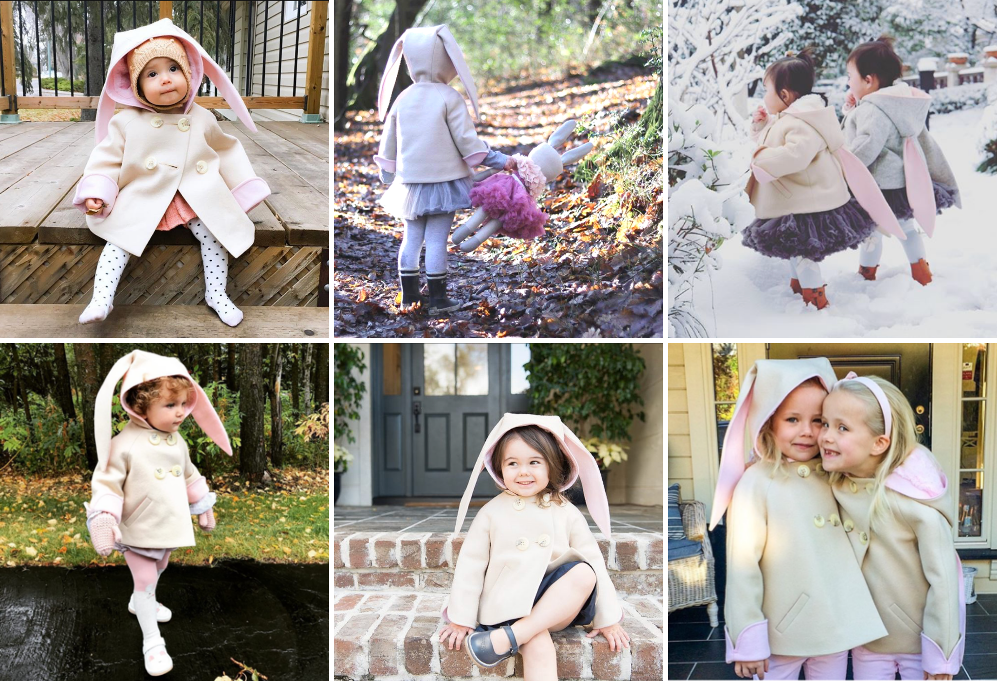 Luxe Bunny Coat in Sand & Pink showcased in a collage of real-life wear, featuring charming bunny ear details.