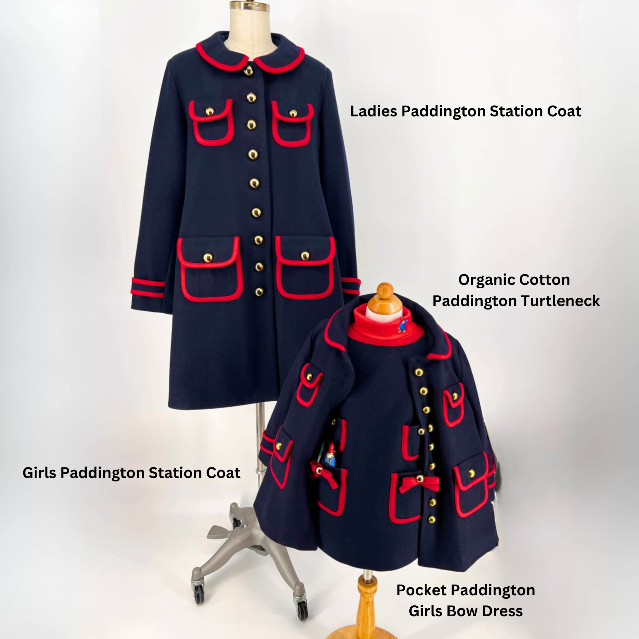 Ladies' and girls' deep blue wool coat and winter dress with gold buttons and red trim from Little Goodall's Paddington collection