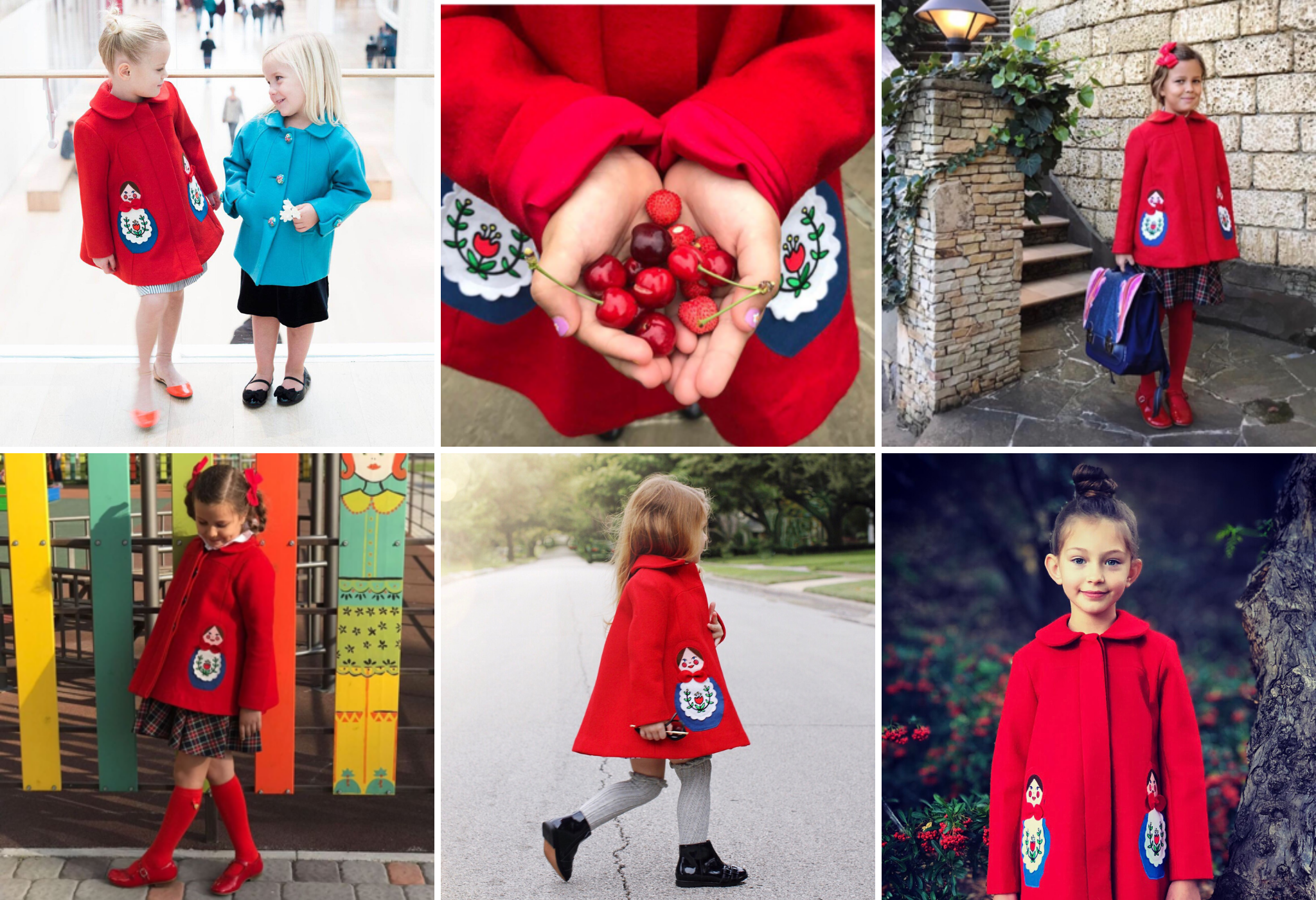 Girls wearing red and blue Matryoshka coats in various settings, showcasing stylish and cozy winter fashion