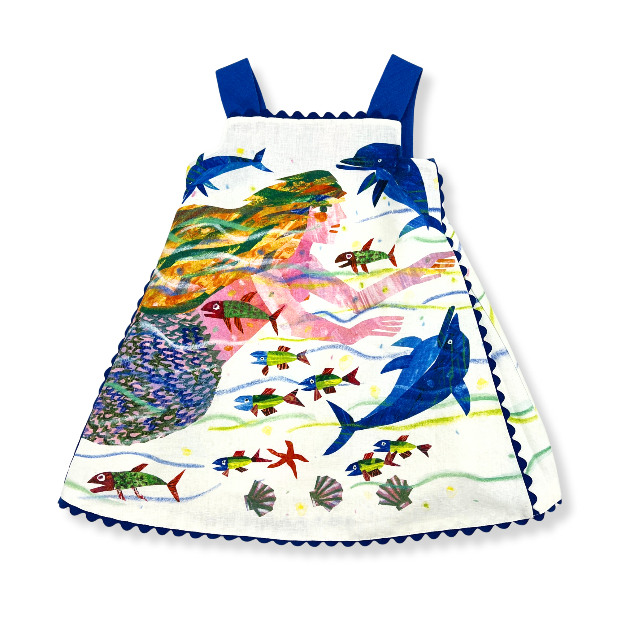 A sleeveless mermaid dress with a vibrant undersea print featuring dolphins, starfish, and seashells, accented with ocean-blue scalloped trim.