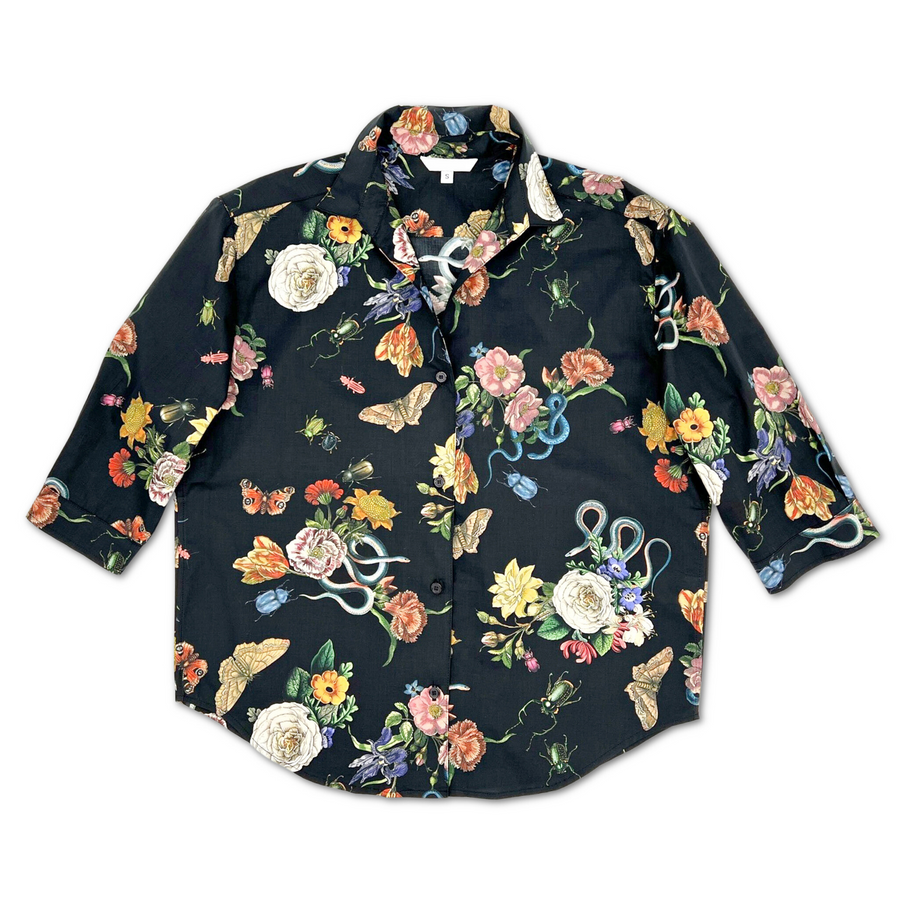 Midnight Grand Botanical ladies Shirt featuring a floral print with butterflies, moths, and beetles on black cotton sateen fabric