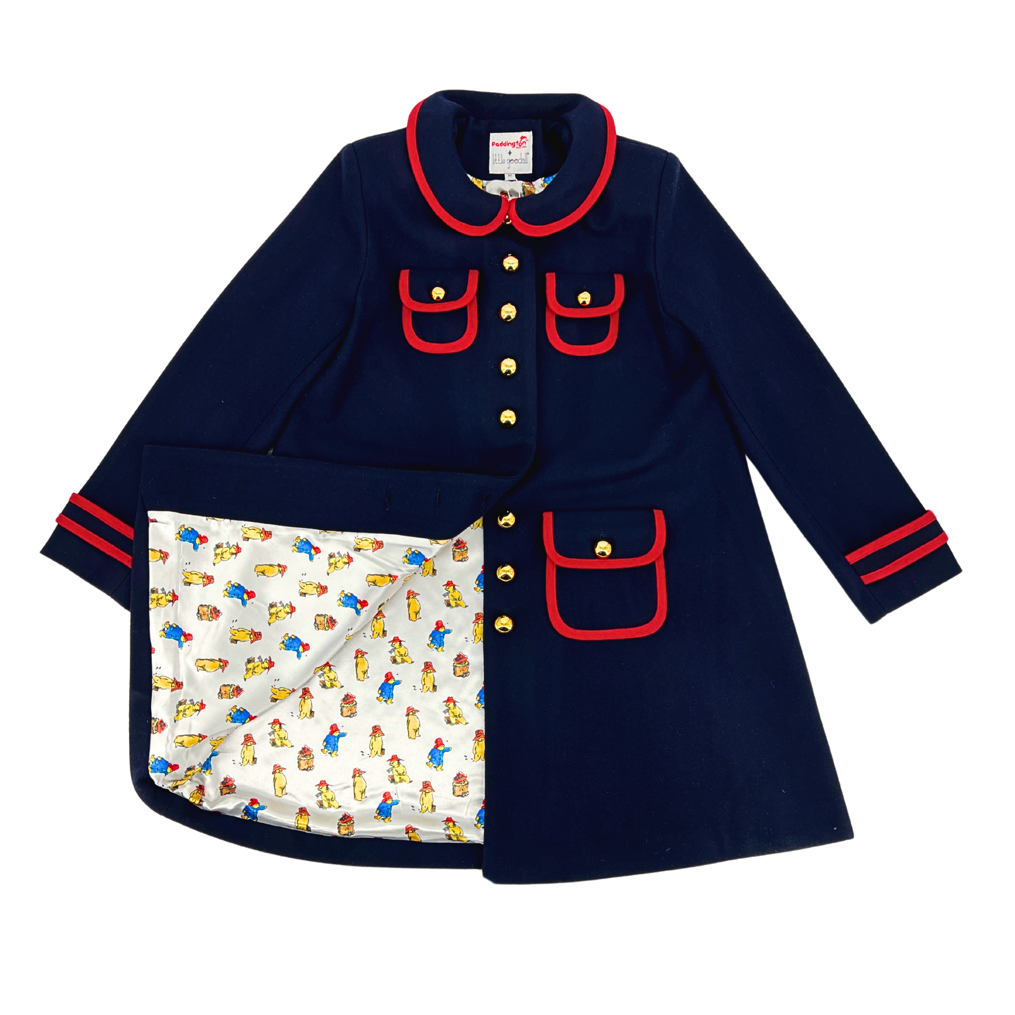 Womens navy blue wool coat with gold-tone buttons, red trim, and Paddington print satin lining. A classic A-line design 