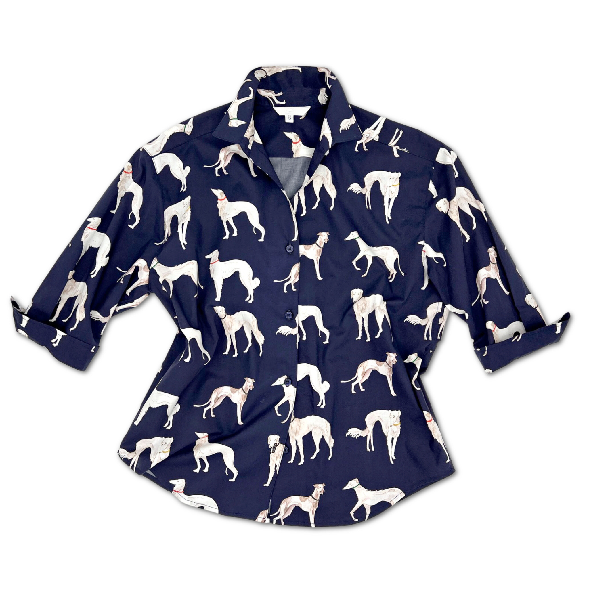 Navy Pedigree ladies' button-down shirt with Greyhound, Borzoi, and Whippet print on 100% cotton sateen, three-quarter sleeves, and a flattering fit