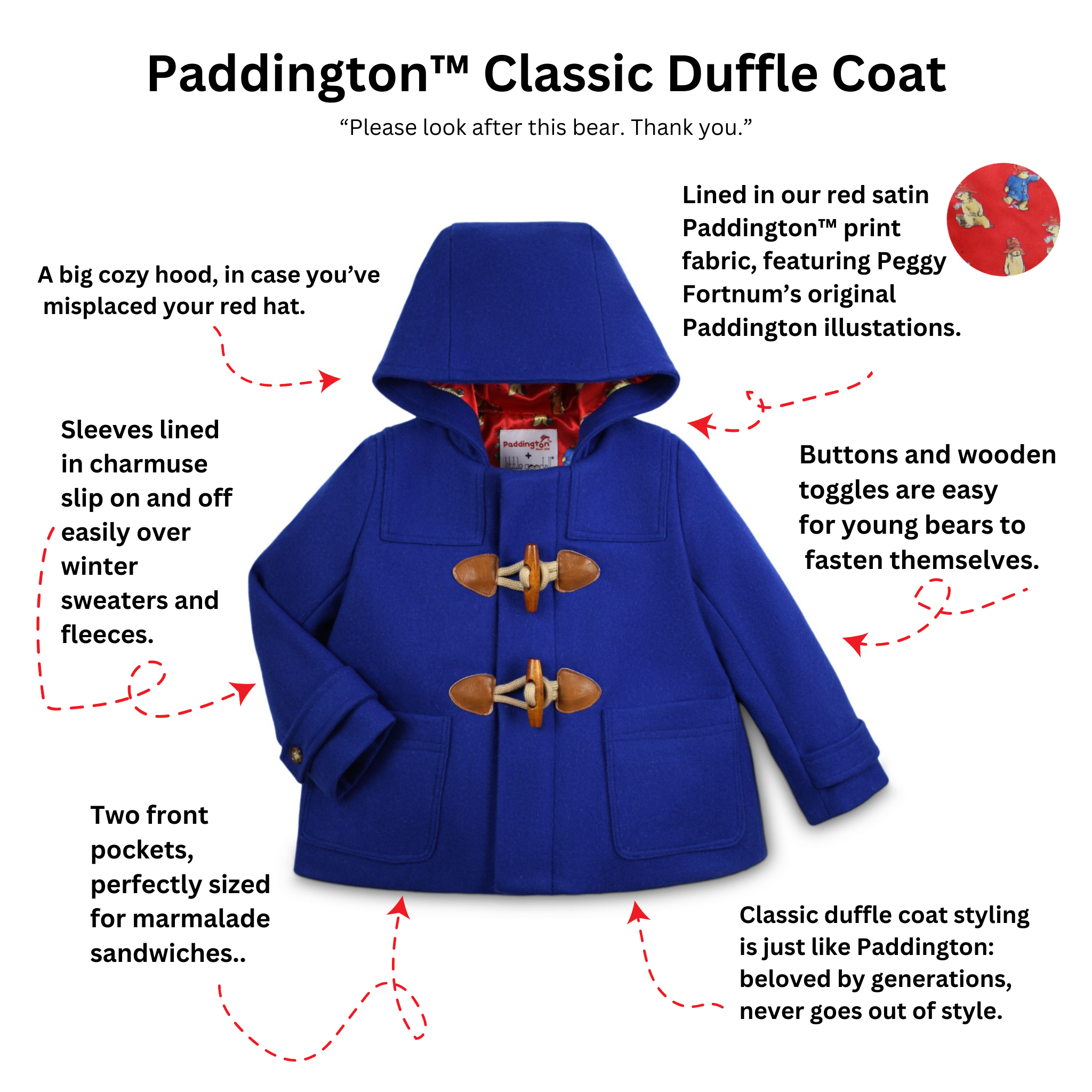 Close-up of the Classic Toggle Coat for kids, featuring a hood, red satin Paddington lining, charmeuse-lined sleeves, wooden toggles, and front pockets